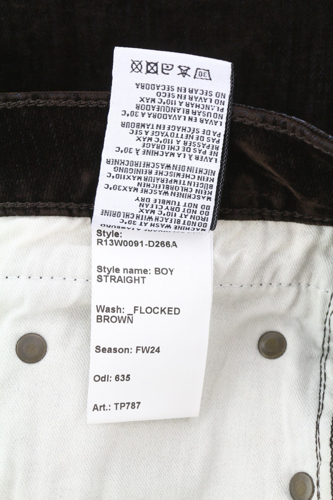 R13 Boy Straight Women Jeans 30 Flocked Brown Velvet Cropped Ankle Low Rise