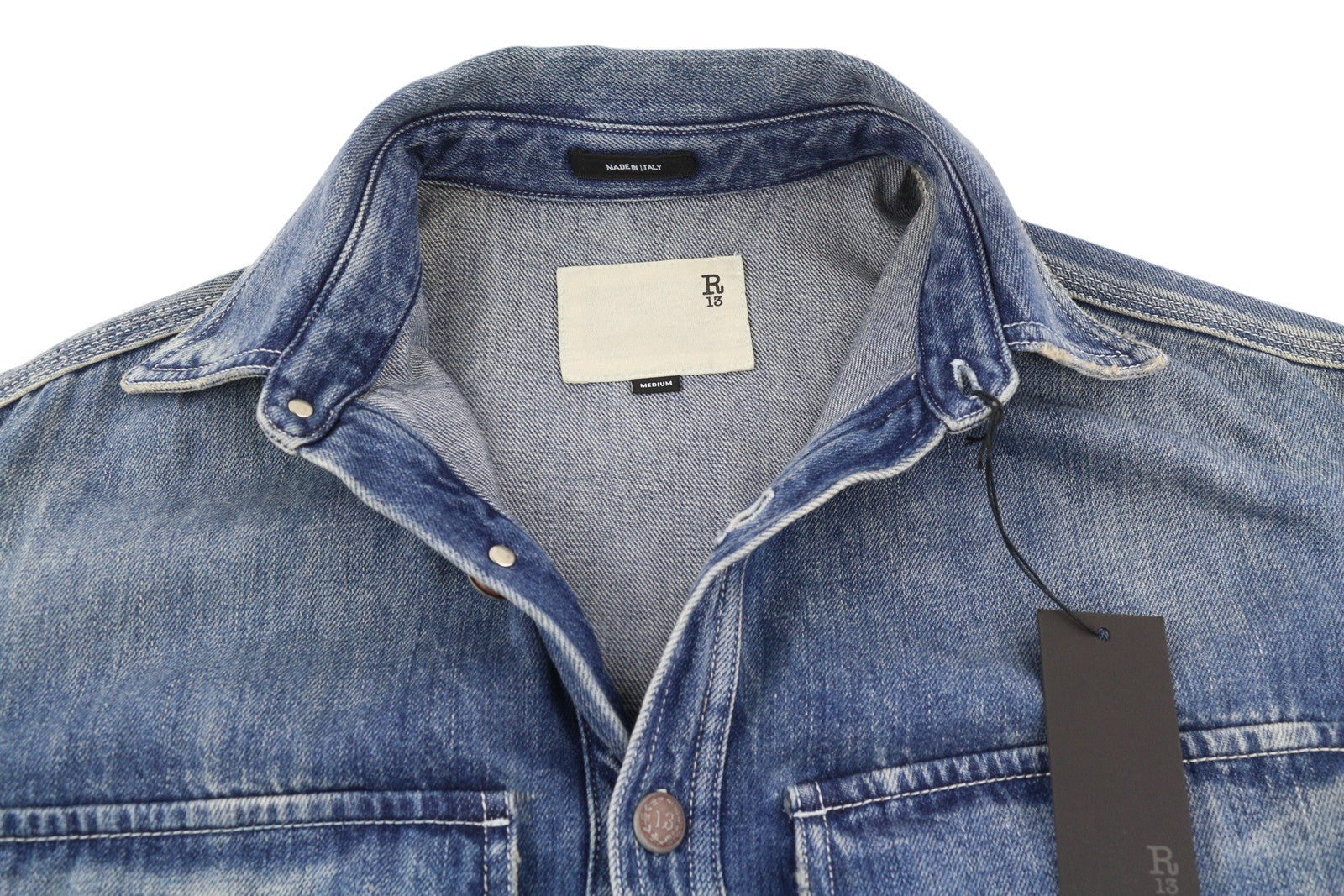 R13 Alice dvigubų marškinėlių moteriškas švarkas M Kellen Tex dideli marškinėliai su sagomis, išblukusi mėlyna 