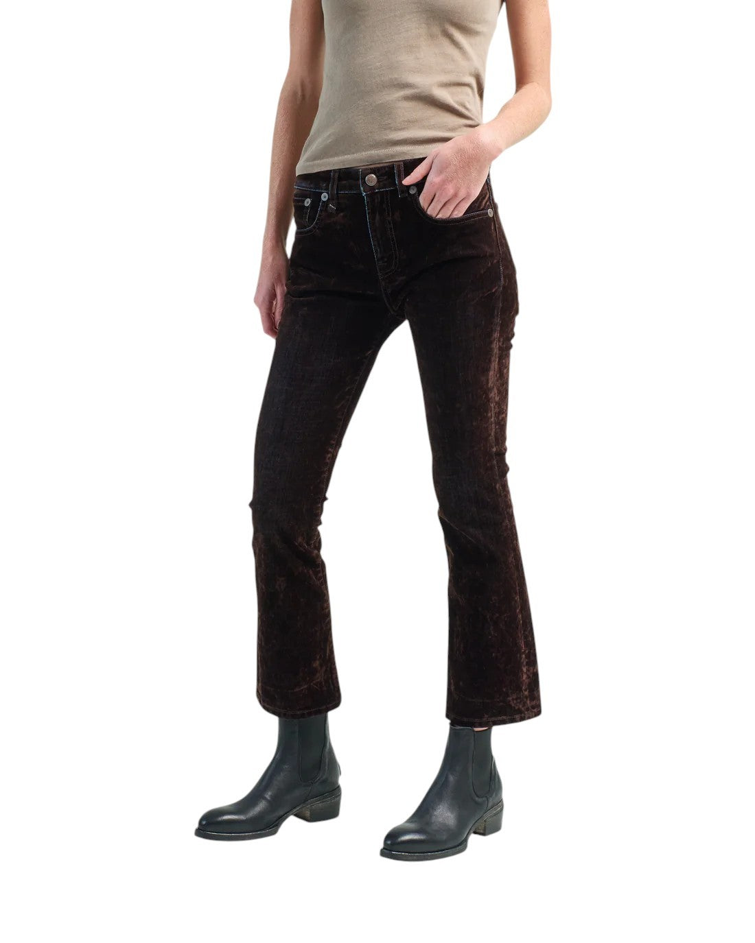 R13 Kick Fit Women Jeans 24 Flocked Brown Velvet Cropped Ankle Length Low Rise