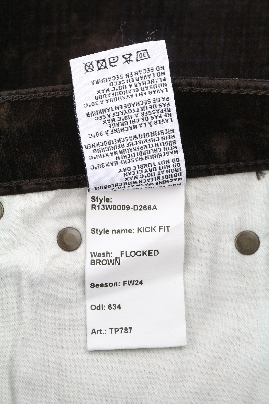 R13 Kick Fit Women Jeans 24 Flocked Brown Velvet Cropped Ankle Length Low Rise