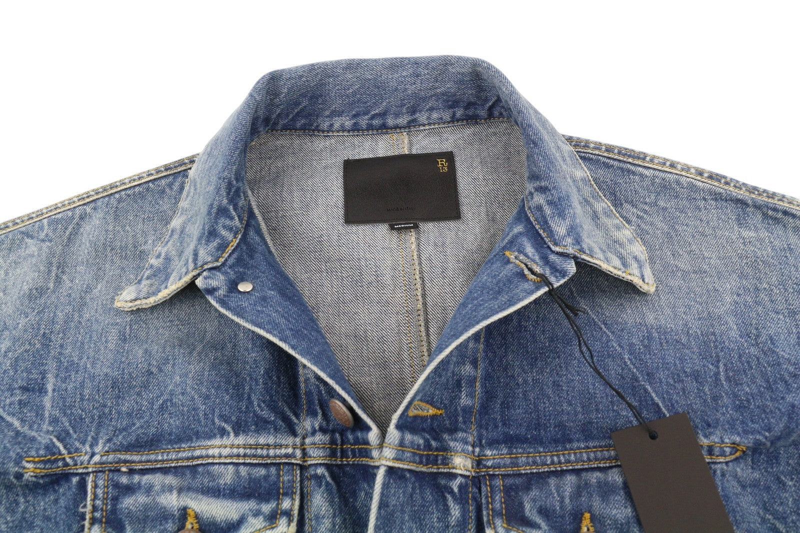 R13 Raglan Trucker moteriška striukė M Kelly Tex sagomis užsegama išblukusio skalbto džinso 