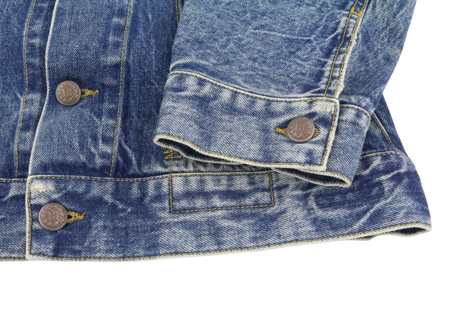 R13 Raglan Trucker moteriška striukė M Kelly Tex sagomis užsegama išblukusio skalbto džinso 