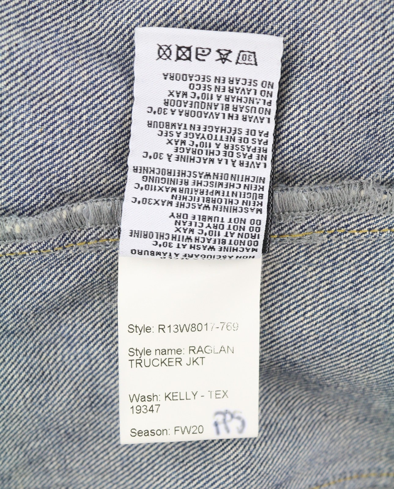 R13 Raglan Trucker moteriška striukė M Kelly Tex sagomis užsegama išblukusio skalbto džinso 