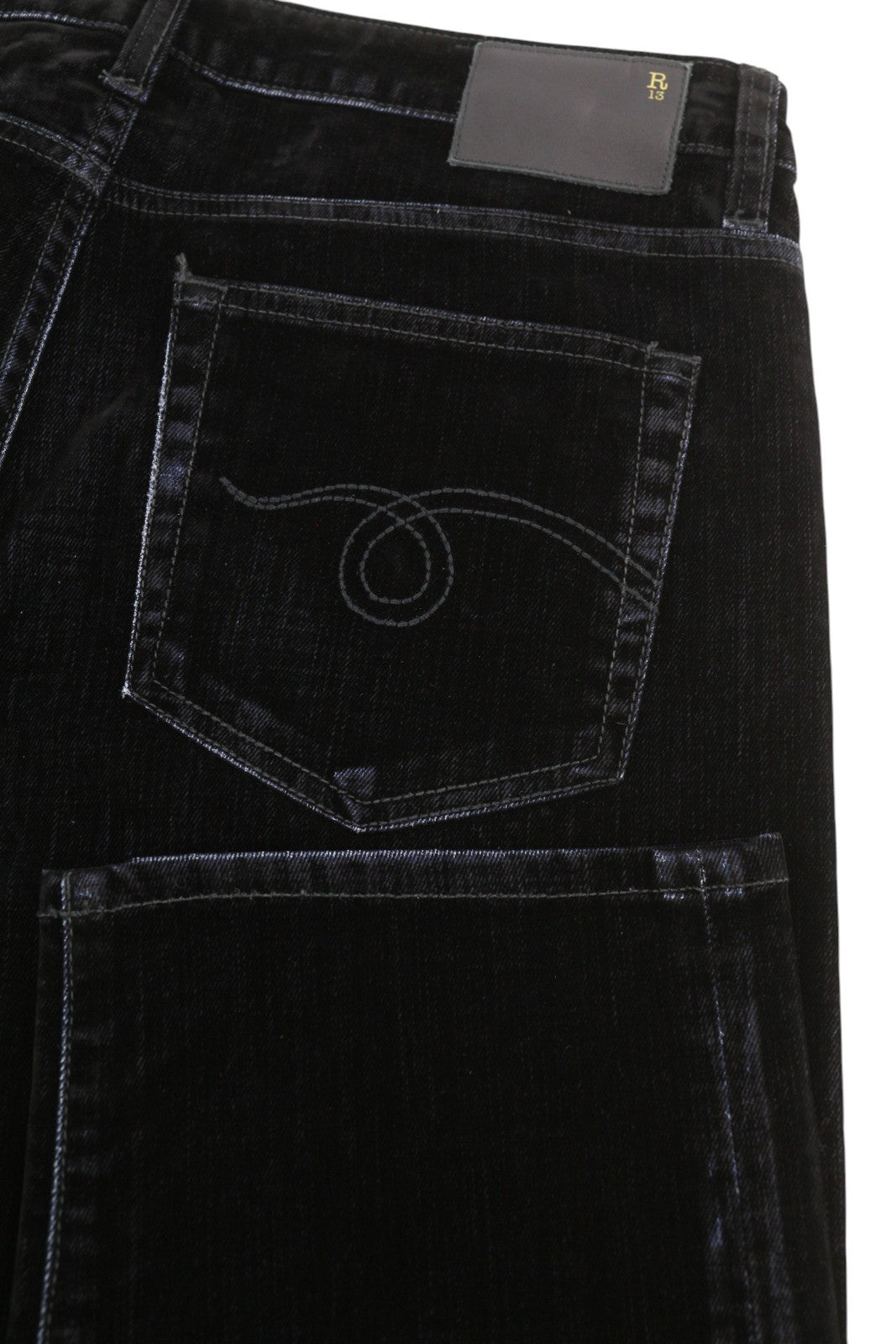 R13 berniukiški tiesūs moteriški džinsai 26 juodi aksominiai trumpinti iki kulkšnių, tamsūs 