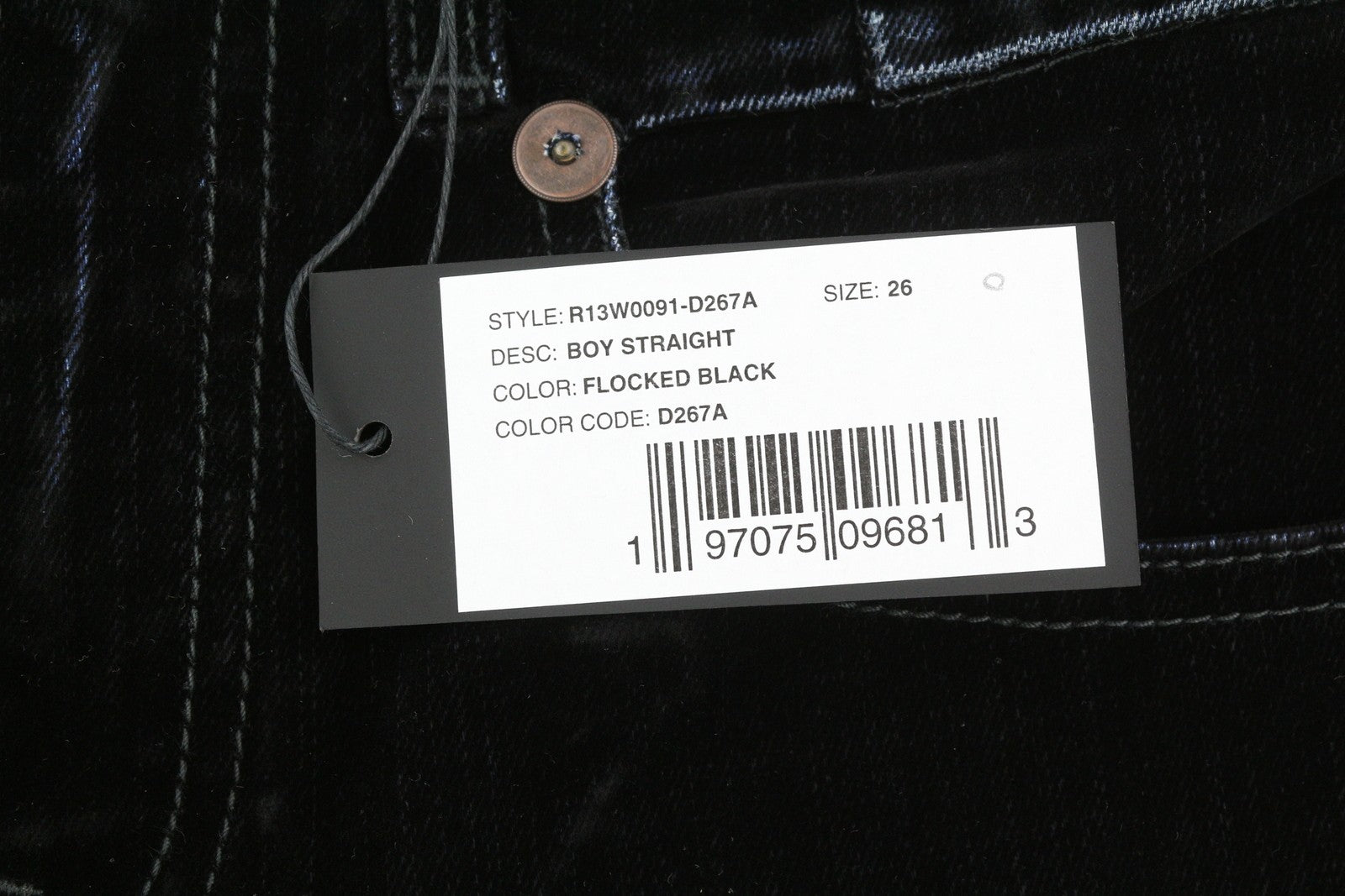 R13 berniukiški tiesūs moteriški džinsai 26 juodi aksominiai trumpinti iki kulkšnių, tamsūs 