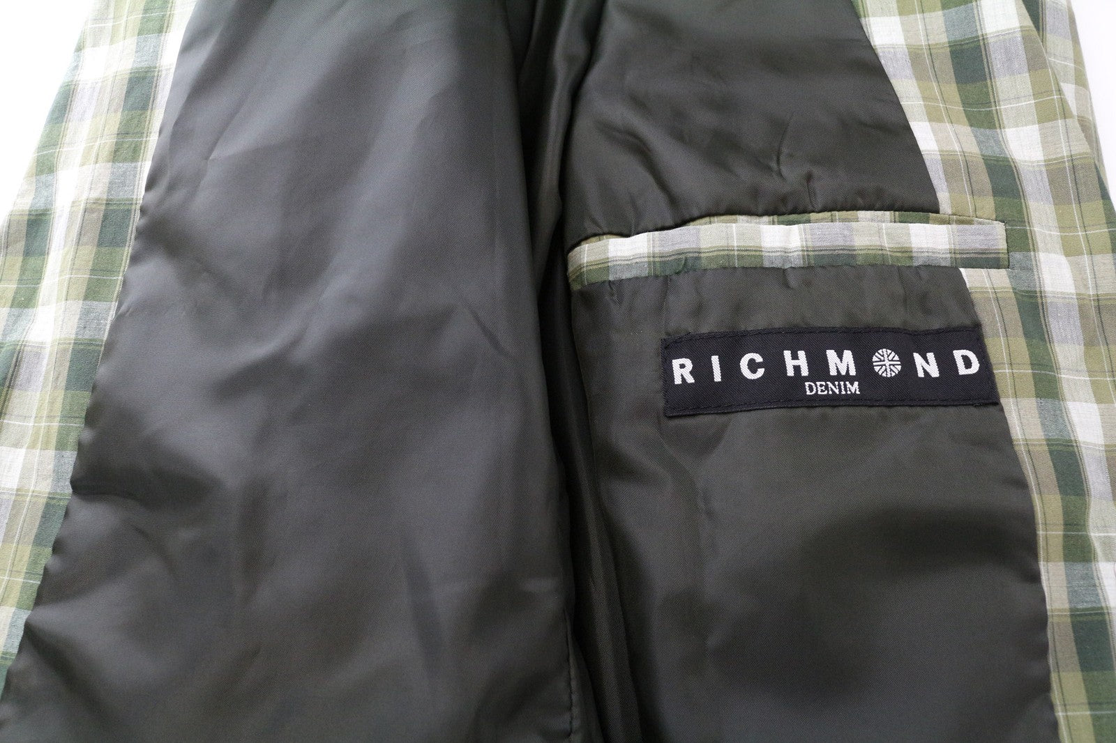 RICHMOND vyriškas švarkas 48 žalias languotas lininis pamušalas vienaeilis stilius 