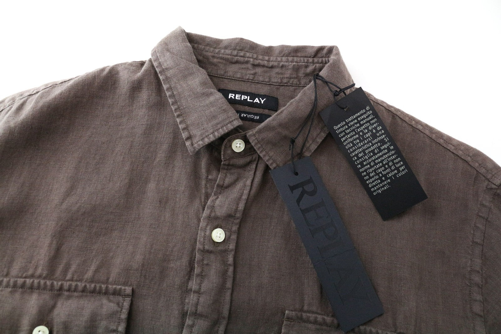 REPLAY vyriški marškinėliai L rudi lininiai trumpomis rankovėmis su sagomis vasariniai laisvalaikio marškinėliai 