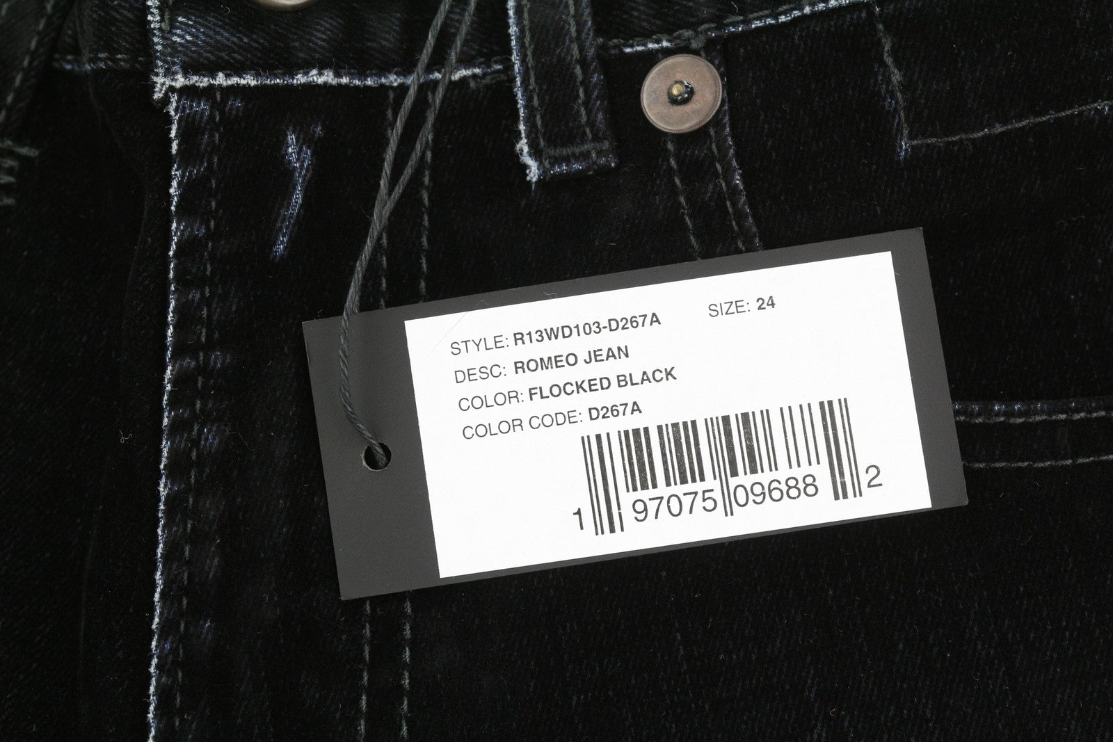 R13 Romeo Women Jeans 24 Flocked Black Velvet Cropped Ankle Length Low Rise Logo