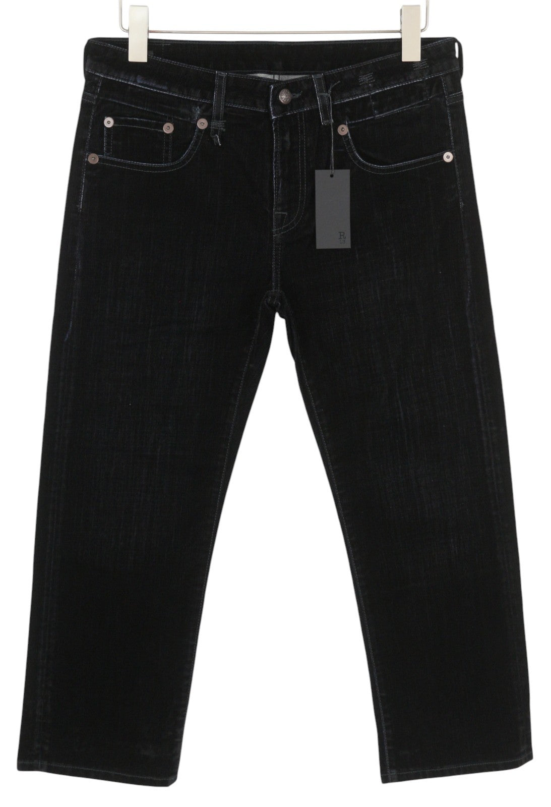 R13 Boy Straight Women Jeans 29 Flocked Black Velvet Cropped Ankled Low Rise