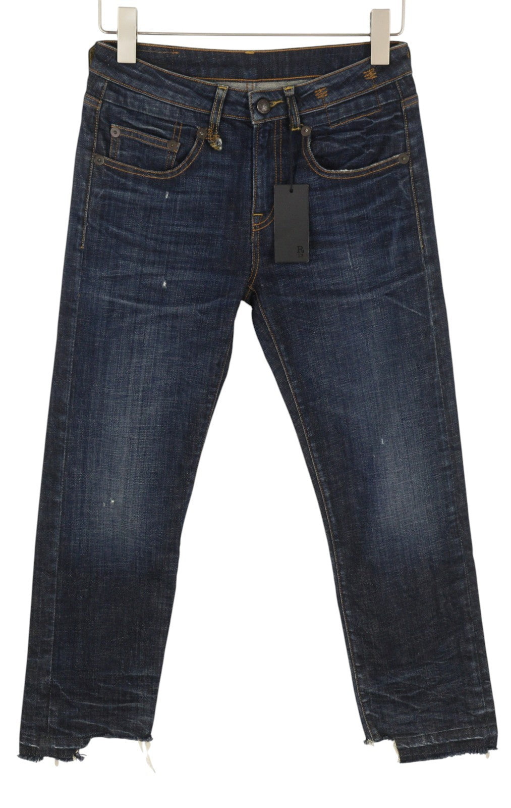 R13 Boy Straight Women Jeans 27 Howel Indigo Faded Distress Cropped Ankle Length