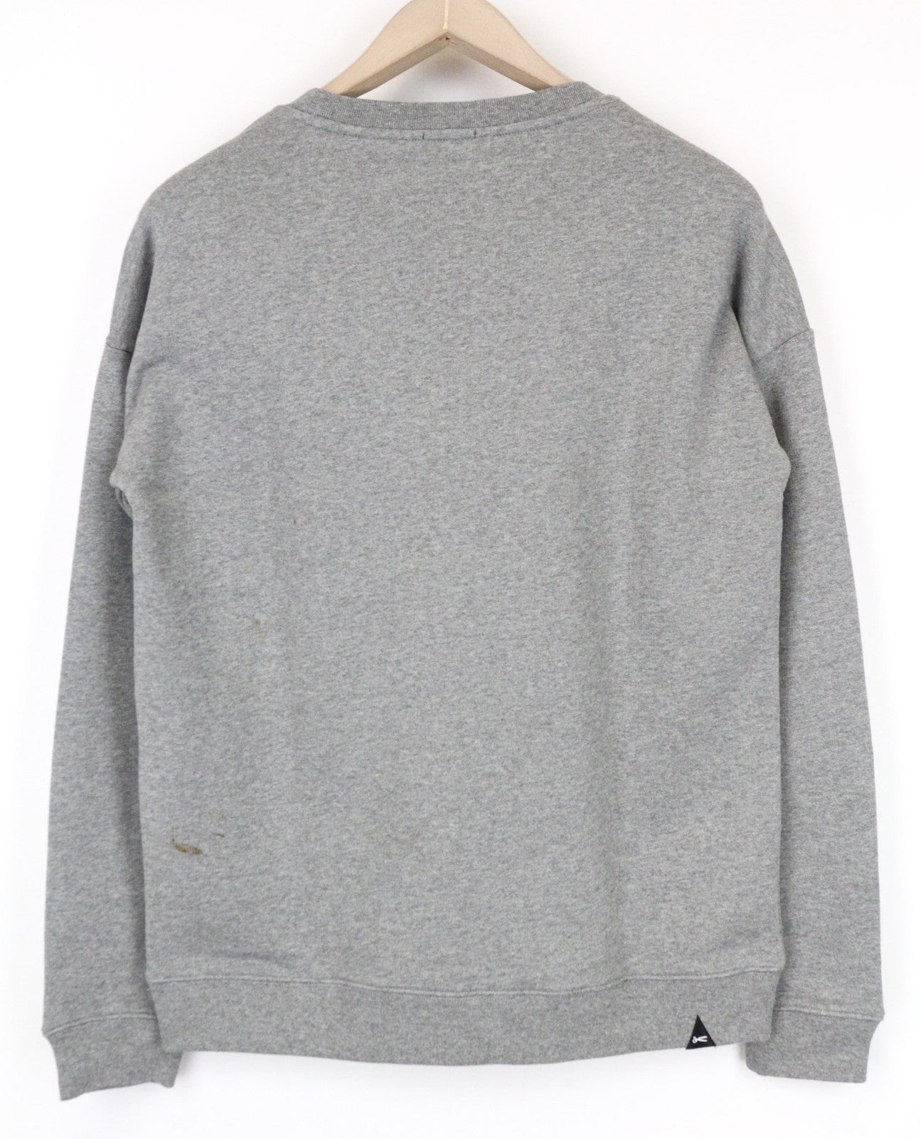 DENHAM moteriškas džemperis S pilkas medvilninis džersis apvalia kaklo iškirpte melanžo flisas 