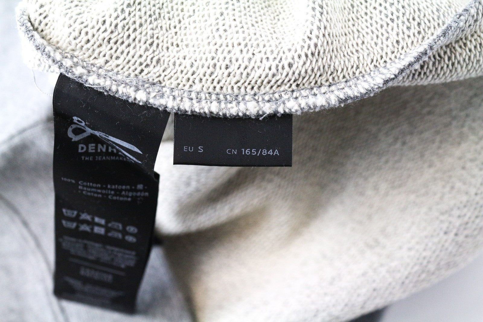 DENHAM moteriškas džemperis S pilkas medvilninis džersis apvalia kaklo iškirpte melanžo flisas 
