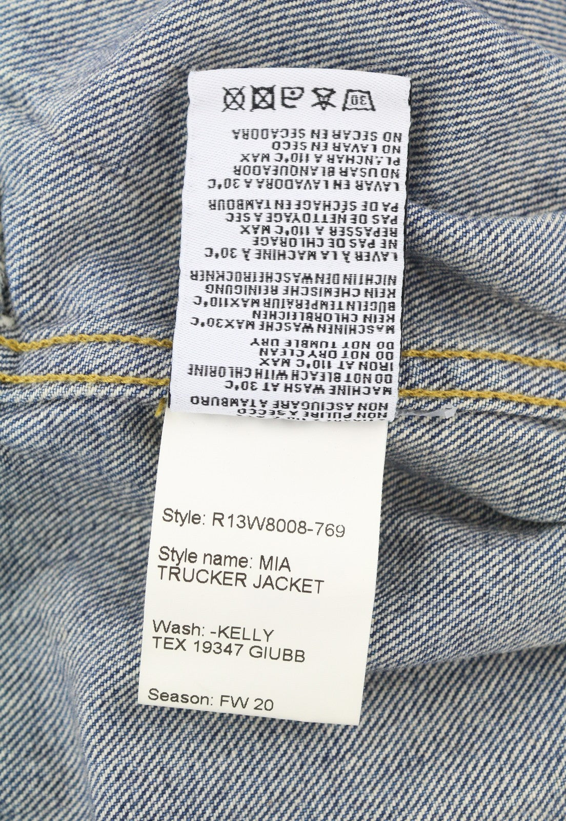 R13 Mia Trucker moteriška striukė M Kelly Tex Oversized džinsinio mėlynumo, išblukusi, rekomenduojama kaina – 1299 USD 