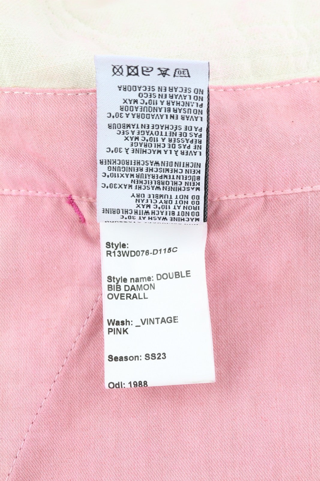 R13 dvigubas seilinukas „Damon“ moteriškas kombinezonas M, vintažinės rožinės spalvos, išblukintas, dideli džinsai, rekomenduojama kaina – 1299 € 