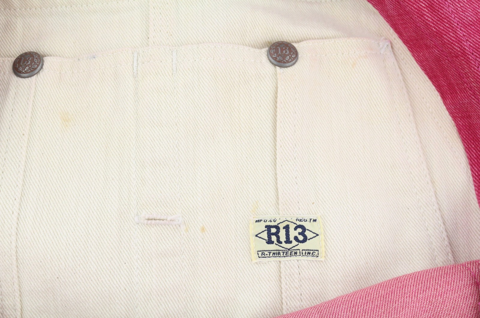 R13 dvigubas seilinukas „Damon“ moteriškas kombinezonas M, vintažinės rožinės spalvos, išblukintas, dideli džinsai, rekomenduojama kaina – 1299 € 