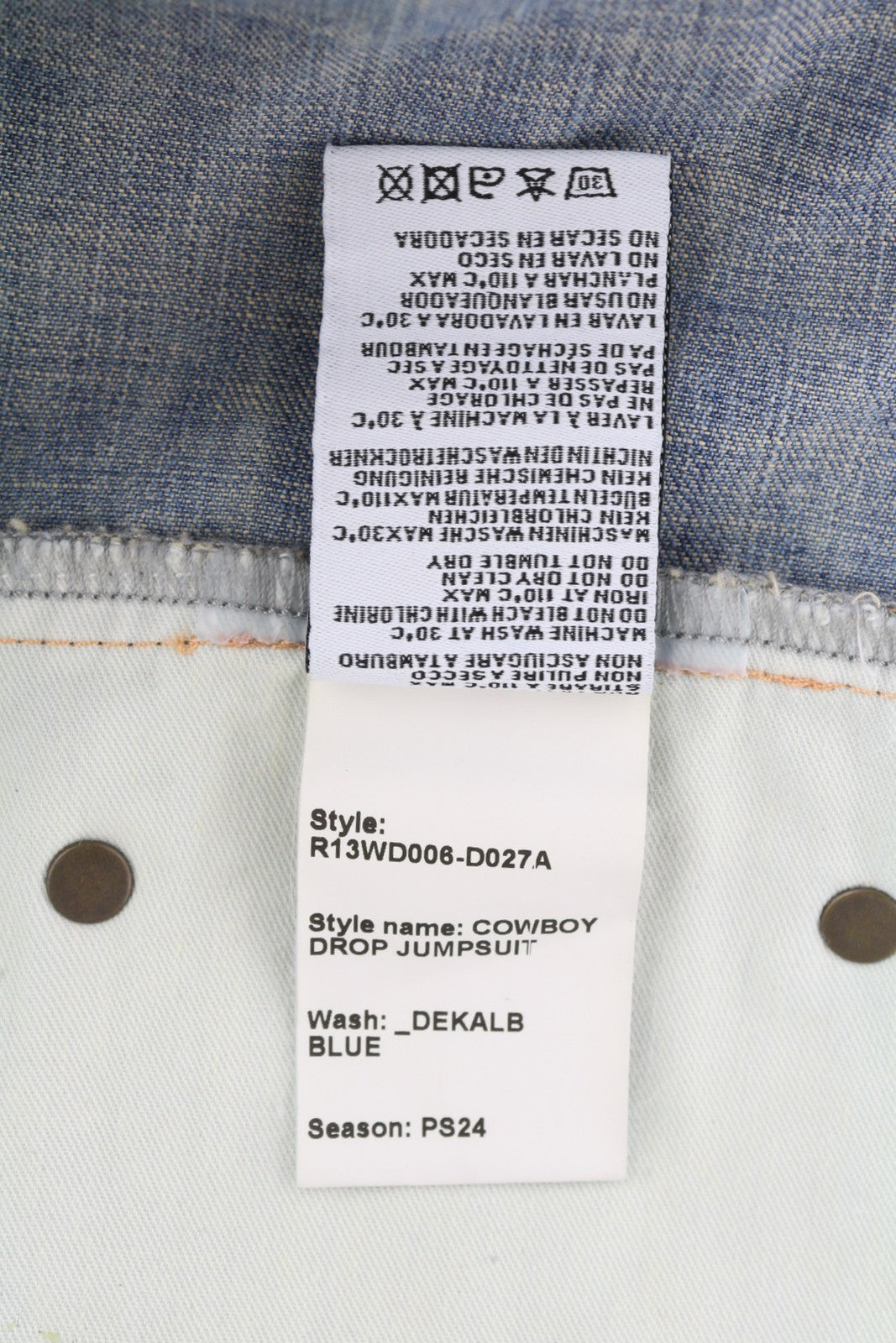 R13 kaubojiškas moteriškas kombinezonas XS, Dekalb mėlynas, išblukęs, didelis, rekomenduojama kaina – 1699 € 