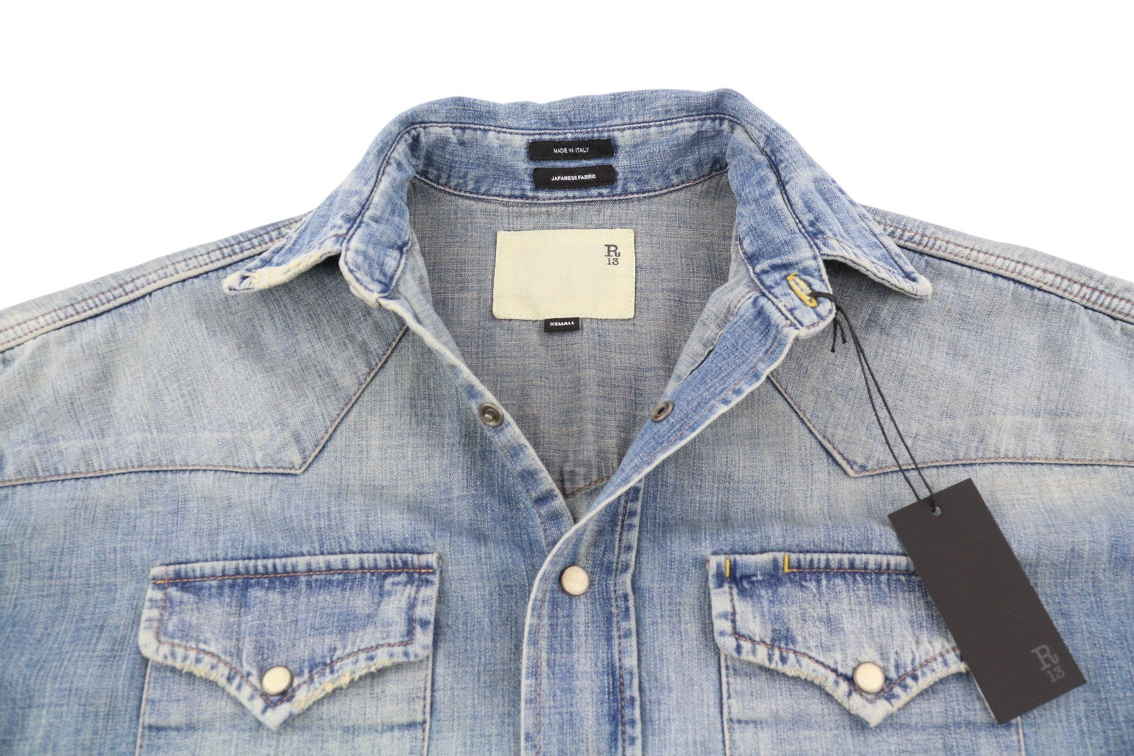 R13 kaubojiškas moteriškas kombinezonas XS, Dekalb mėlynas, išblukęs, didelis, rekomenduojama kaina – 1699 € 