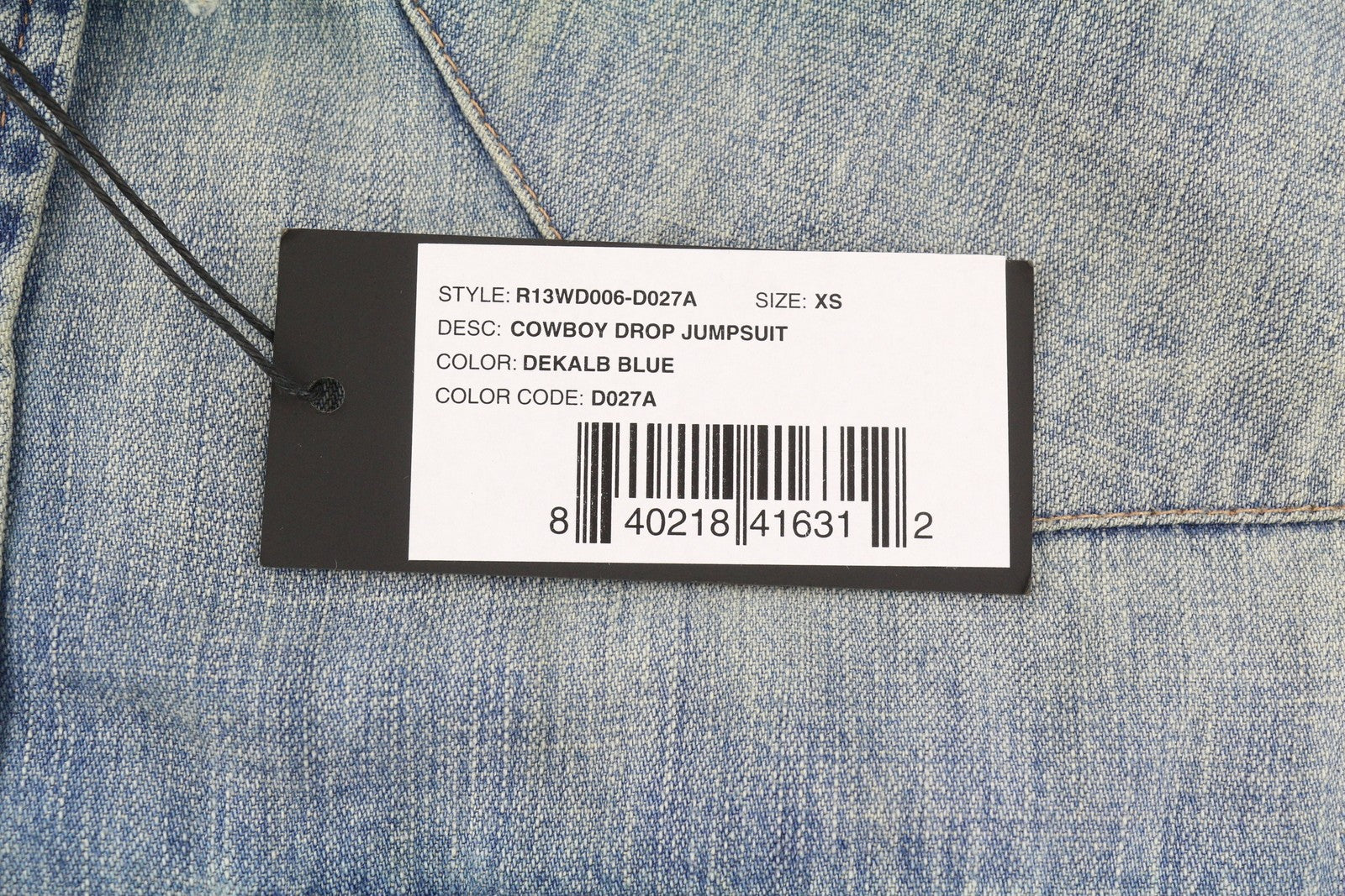 R13 kaubojiškas moteriškas kombinezonas XS, Dekalb mėlynas, išblukęs, didelis, rekomenduojama kaina – 1699 € 