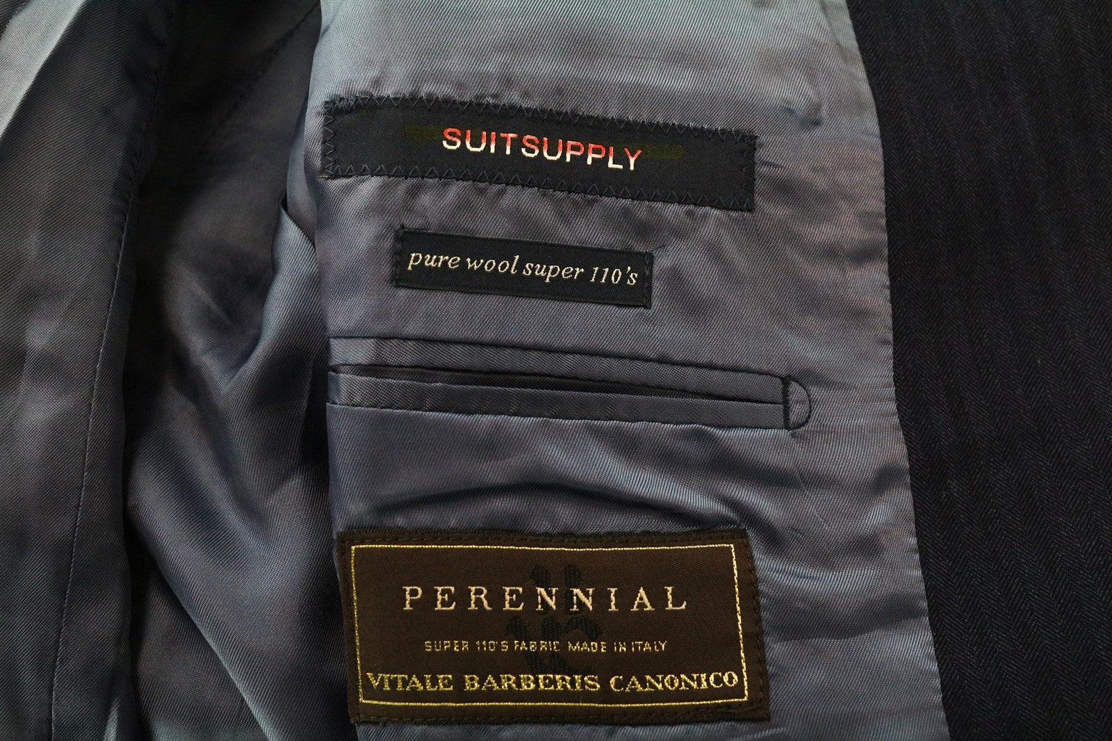 SUITSUPPLY Livorno Men's UK42L Blue Slim Herringbone Wool Blazer Classic Lined