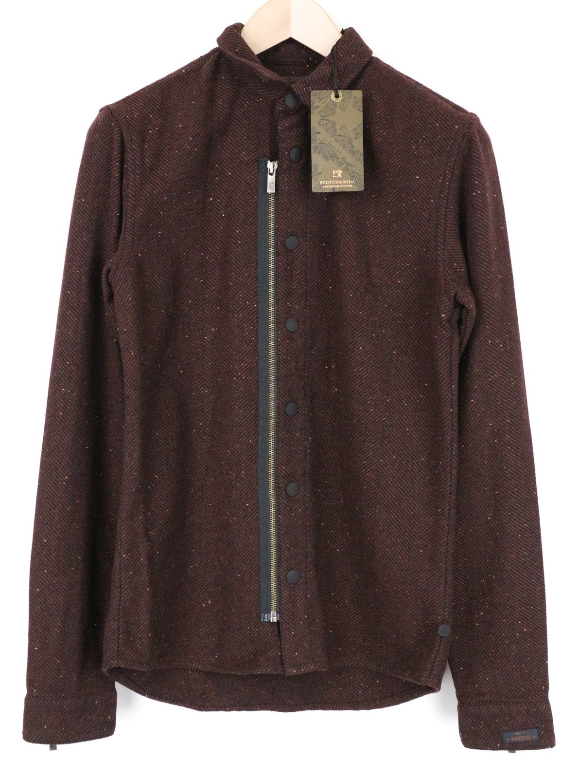 SCOTCH &amp; SODA vyriški marškinėliai su ruda, violetine vilnos mišinio rašto striuke S dydžio 