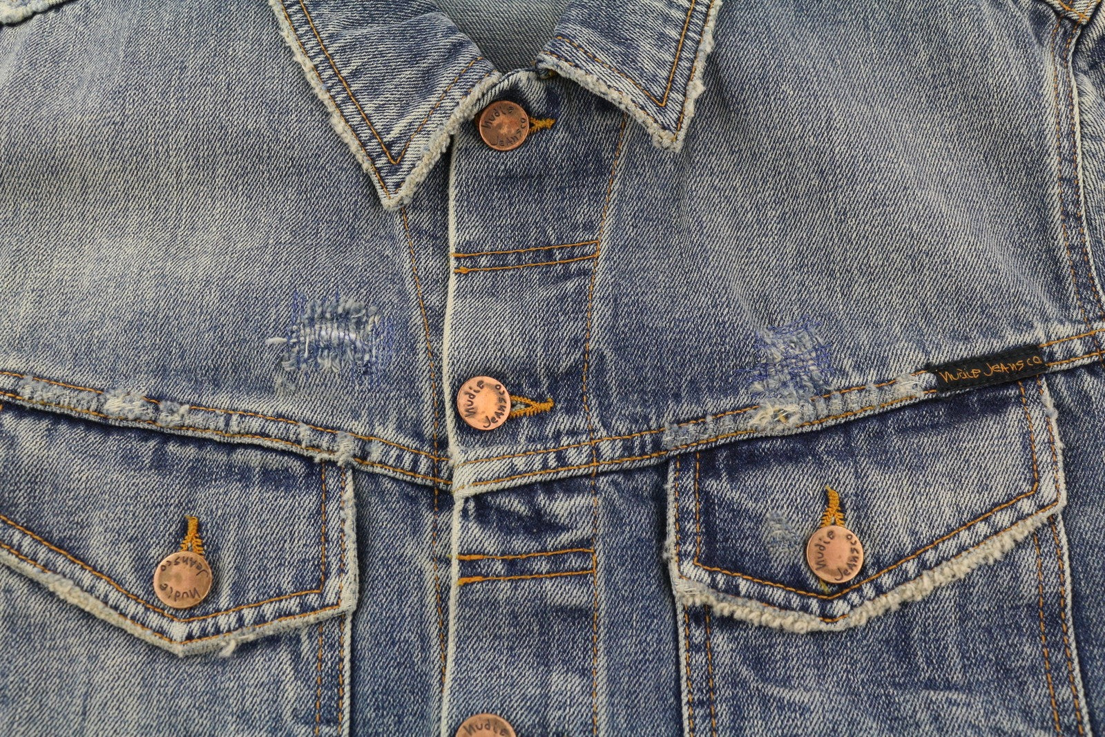 NUDIE JEANS Billy Men Jacket M Shimmering Indigo Button-Up Distress Denim Blue