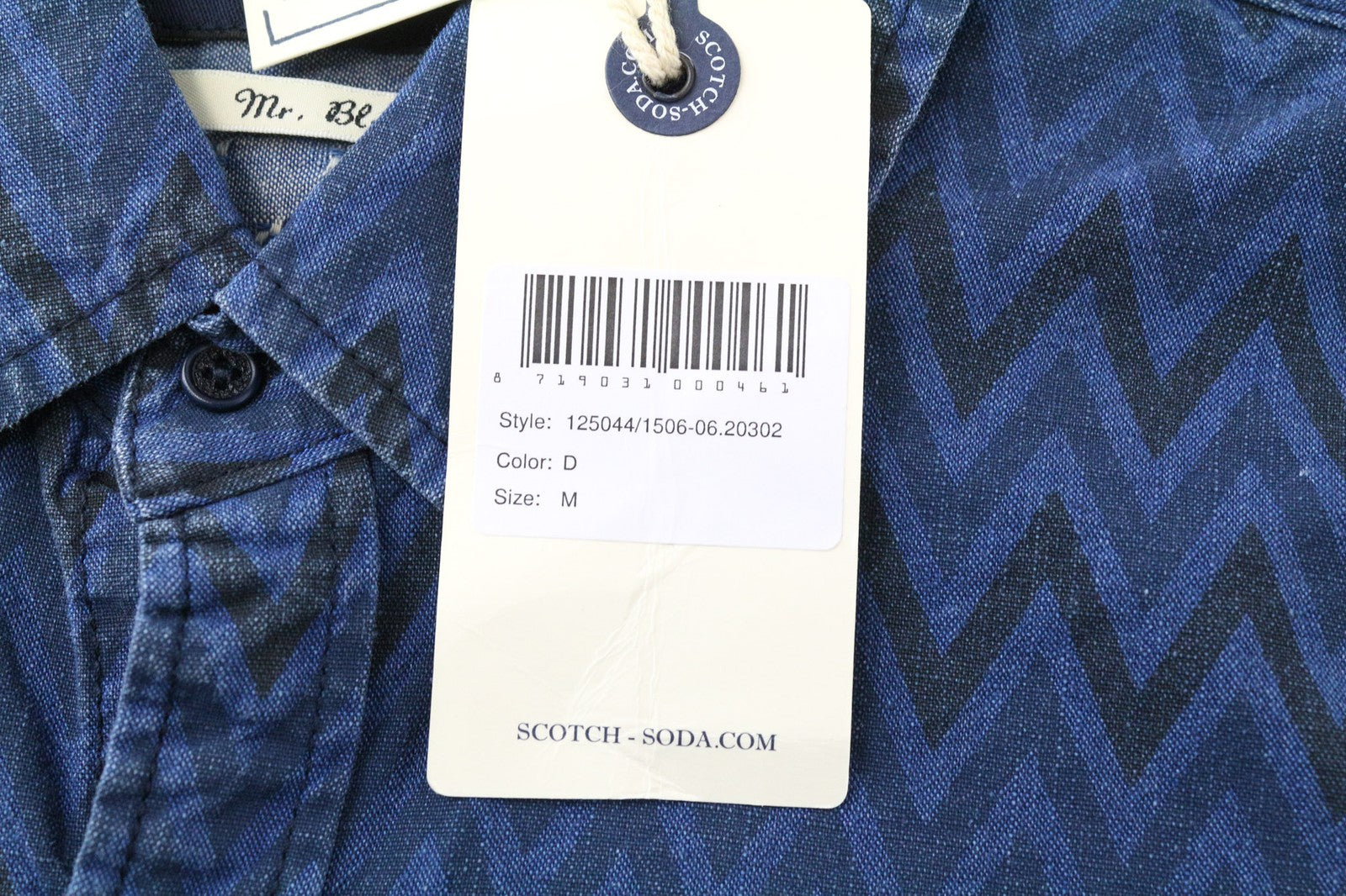 SCOTCH &amp; SODA Ams Blauw vyriški M mėlyno medvilninio rašto džinsinio stiliaus marškiniai