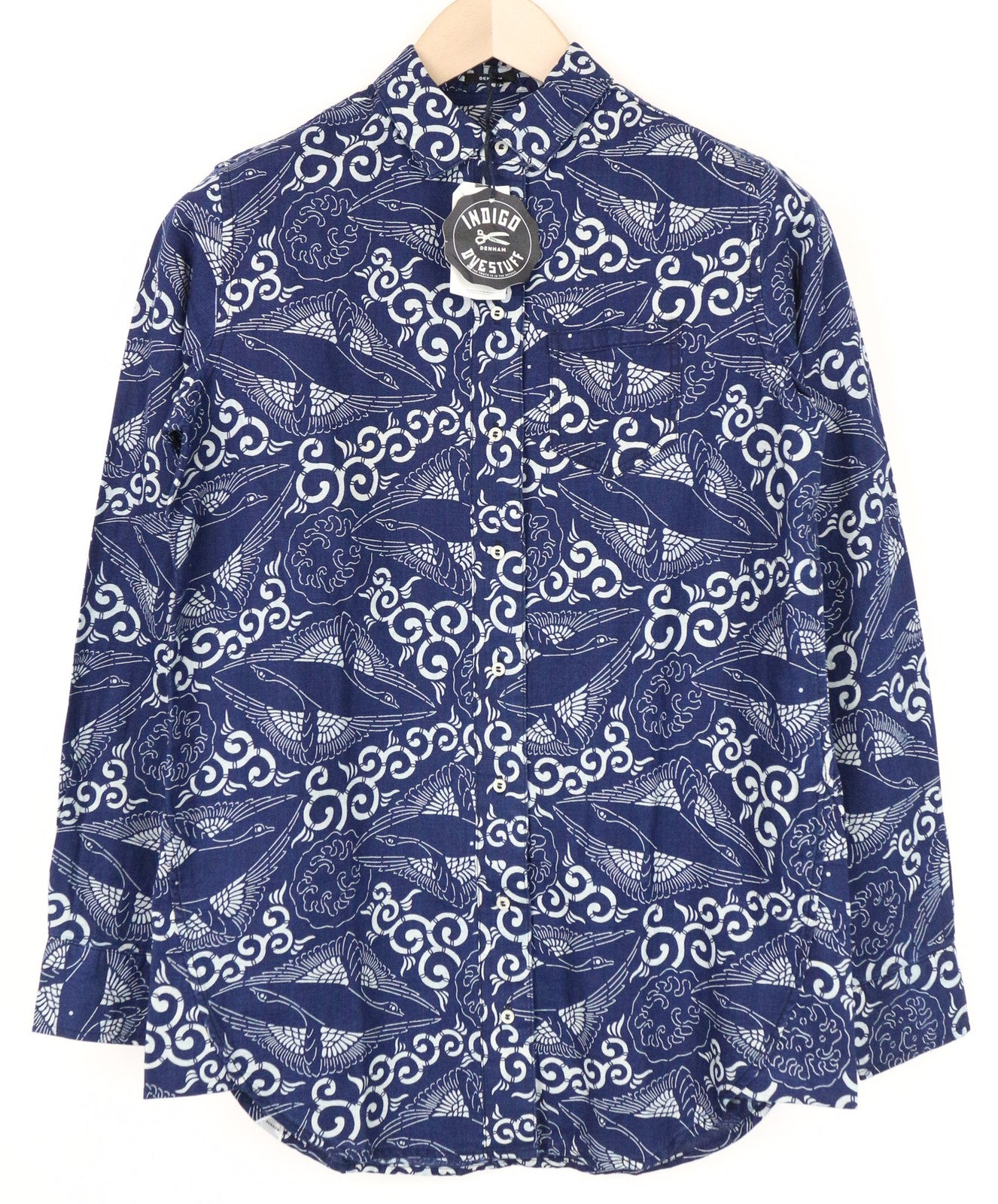 DENHAM moteriški XS dydžio indigo mėlynos spalvos raštuoti medvilninio lino mišinio melanžo marškiniai 