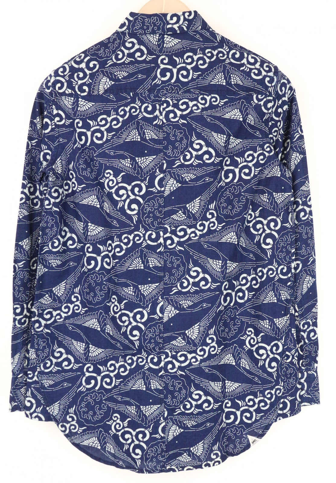 DENHAM moteriški XS dydžio indigo mėlynos spalvos raštuoti medvilninio lino mišinio melanžo marškiniai 