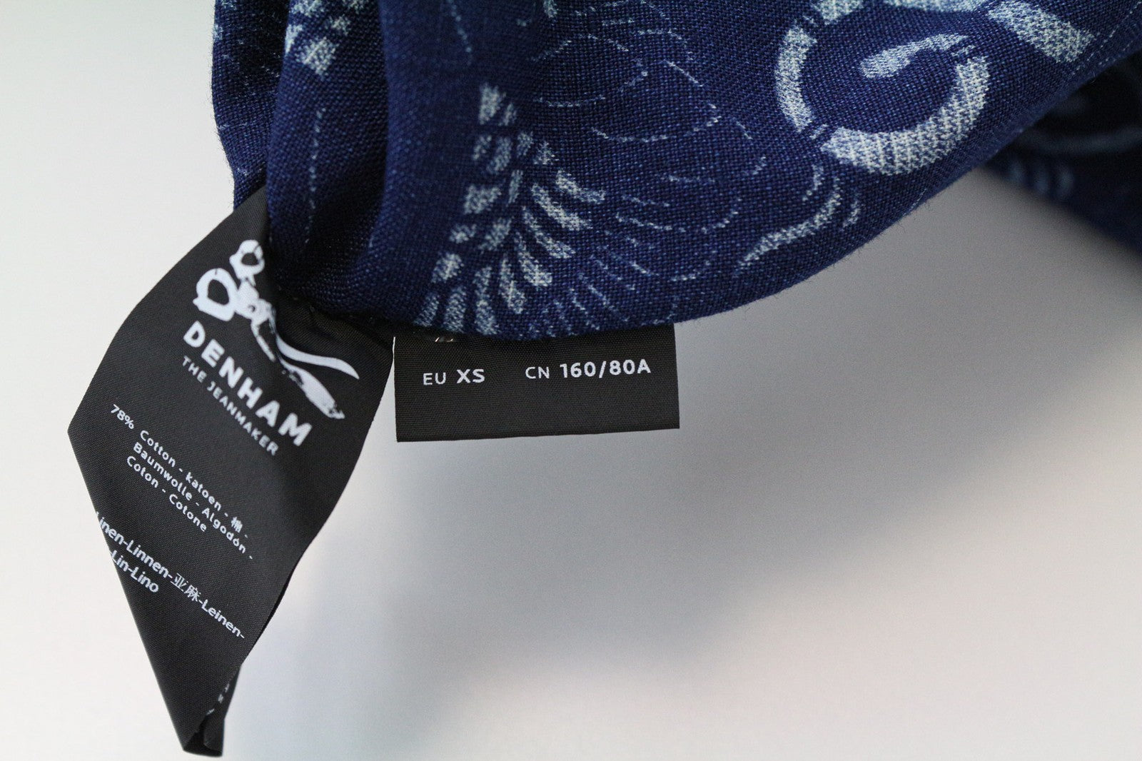 DENHAM moteriški XS dydžio indigo mėlynos spalvos raštuoti medvilninio lino mišinio melanžo marškiniai 