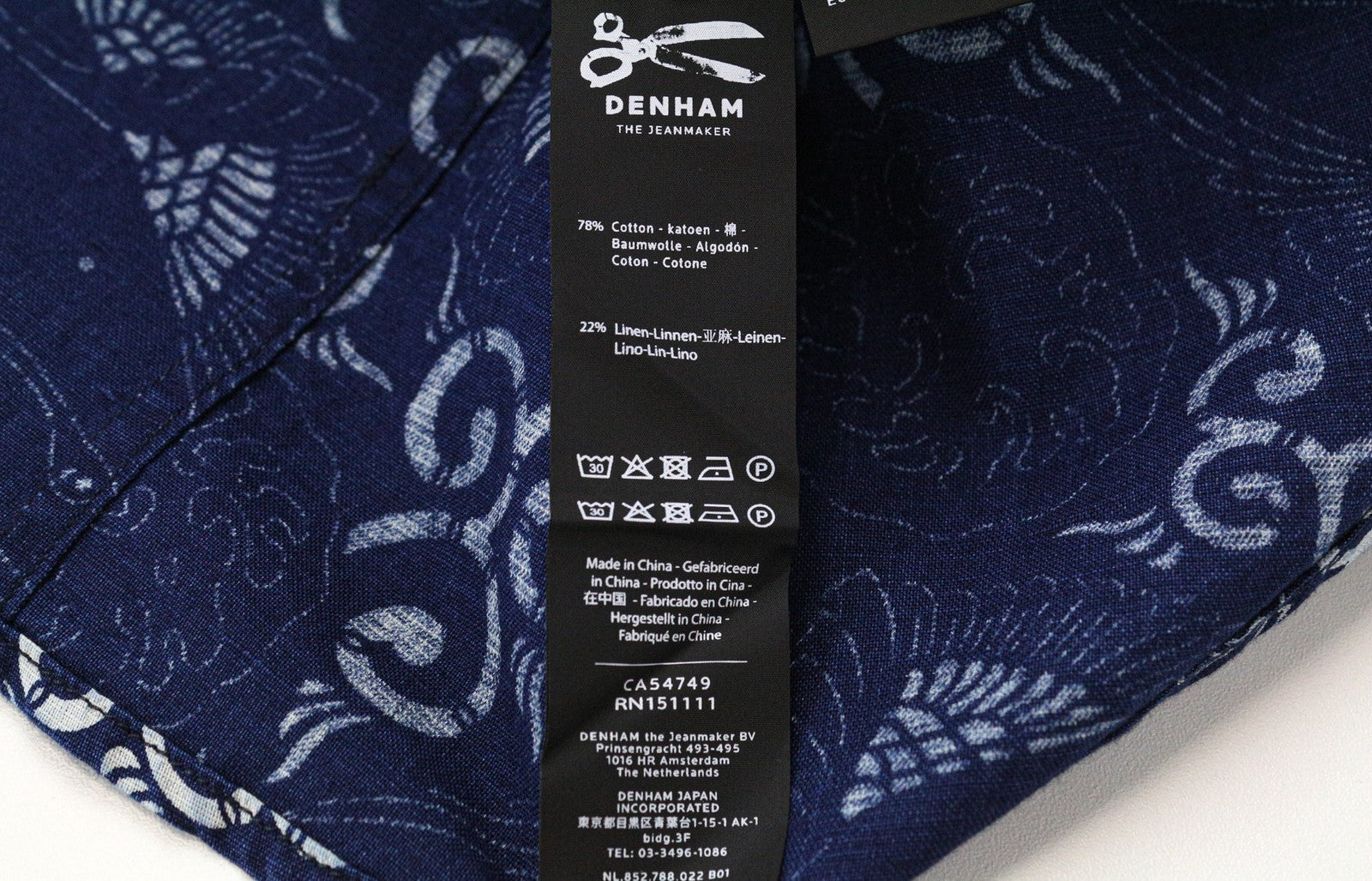 DENHAM moteriški XS dydžio indigo mėlynos spalvos raštuoti medvilninio lino mišinio melanžo marškiniai 