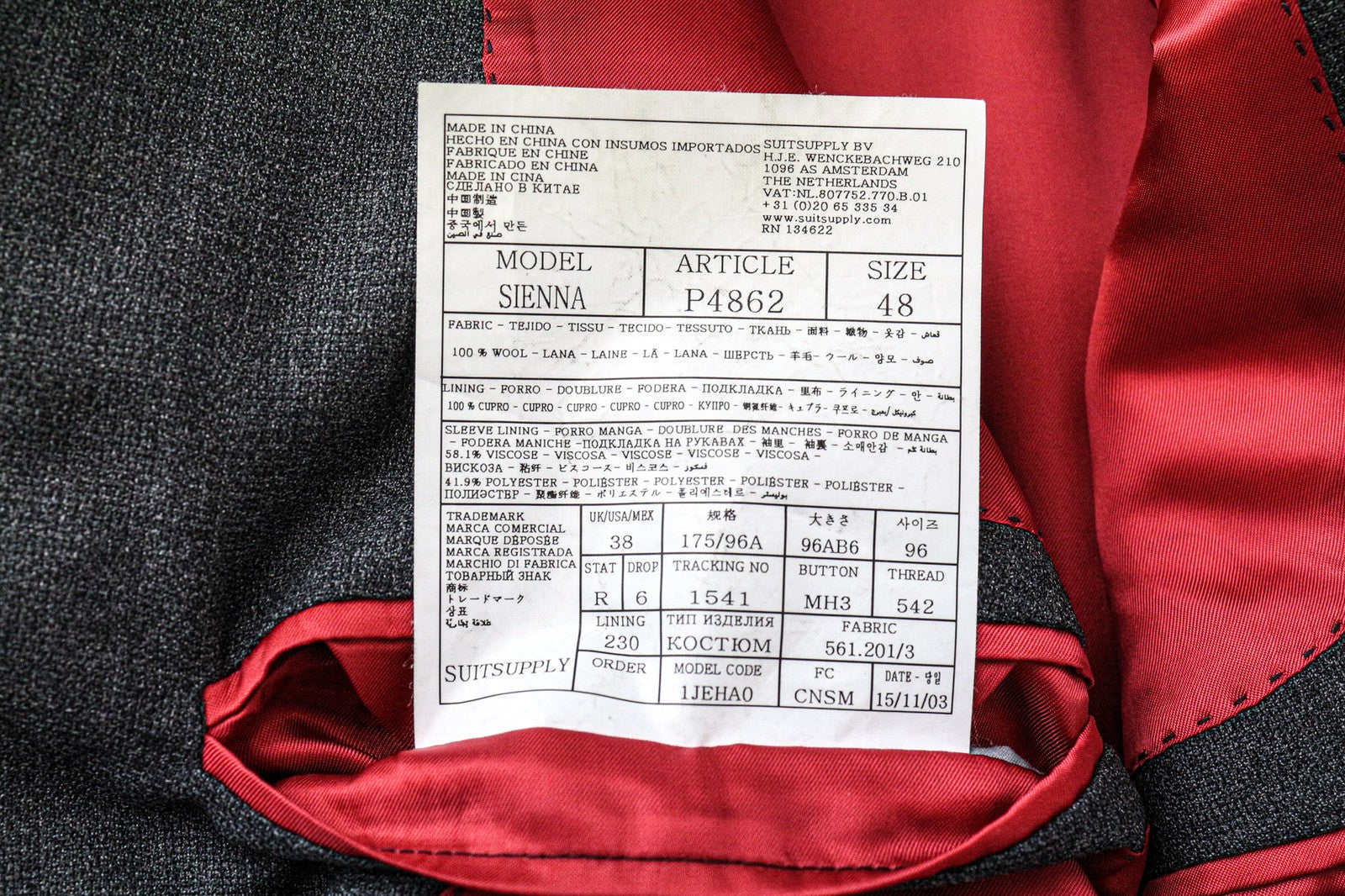 „SUITSUPPLY Sienna“ vyriškas pilkas melanžo vilnonis švarkas, UK38R, klasikinis, su pamušalu 