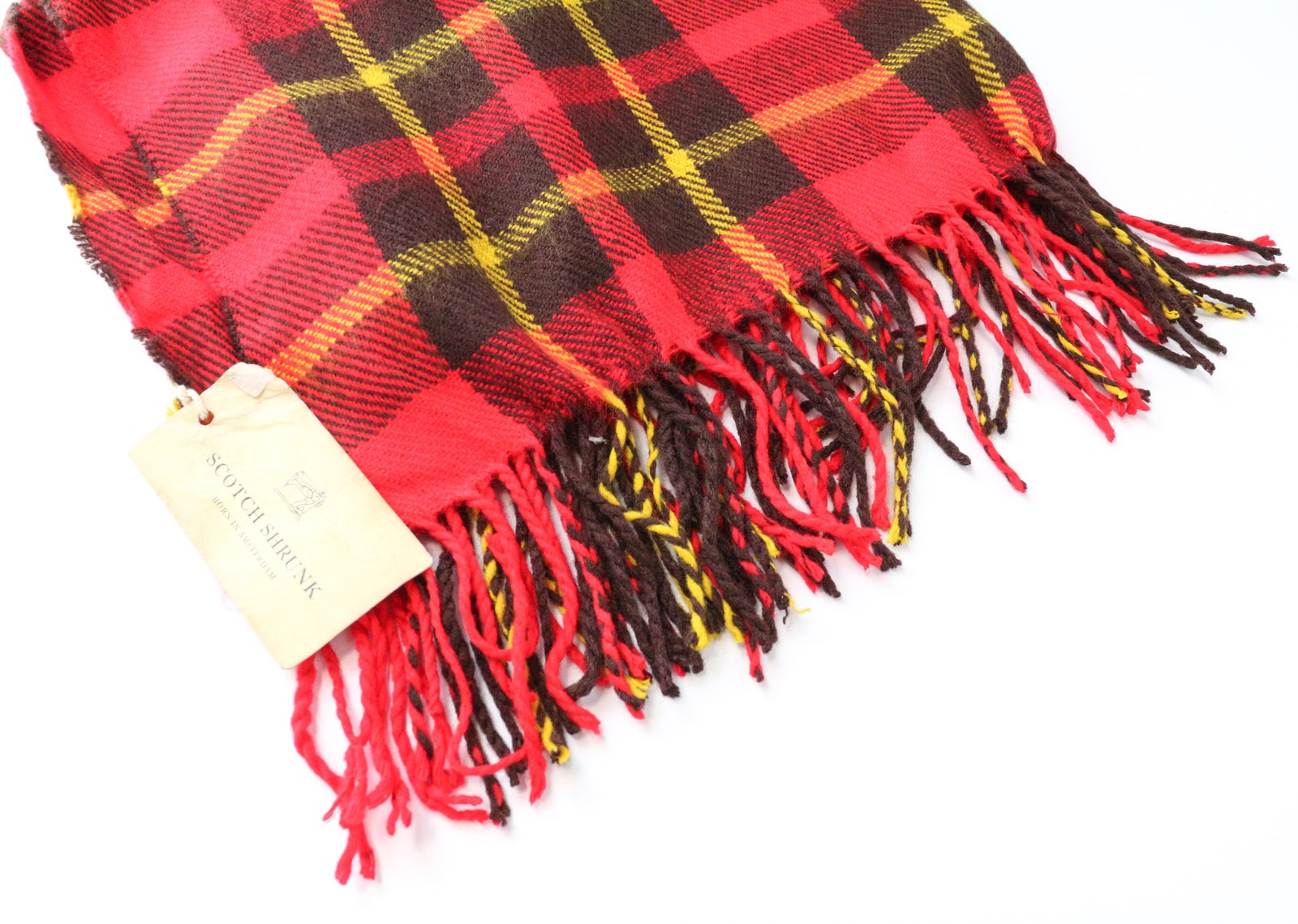 SCOTCH SHRUNK Boys OS Red Yellow Check Scarf with Tassel Fringe