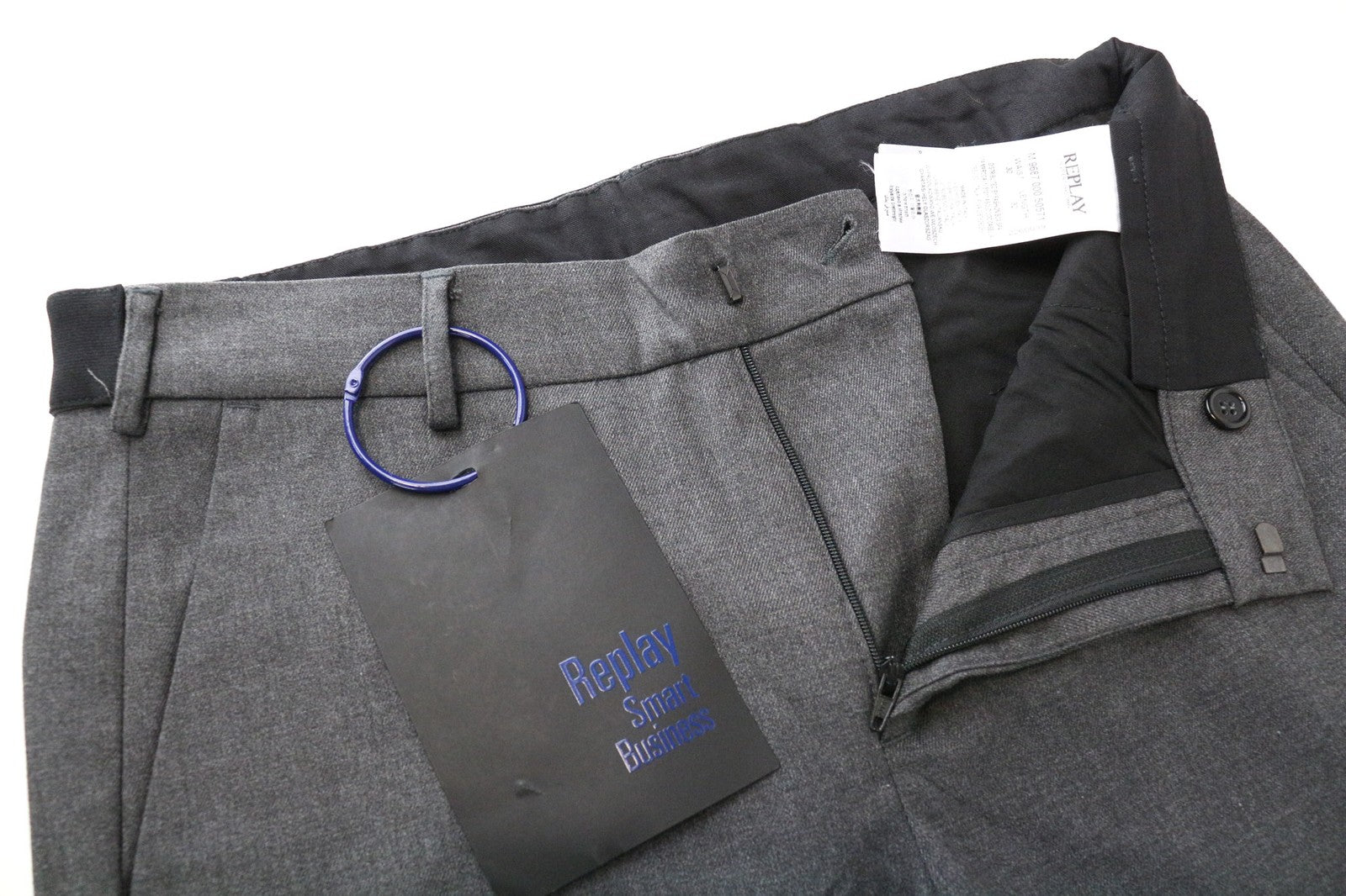 REPLAY Men's W30/L32 Grey Stretch Trousers Slim Flat-Front Formal