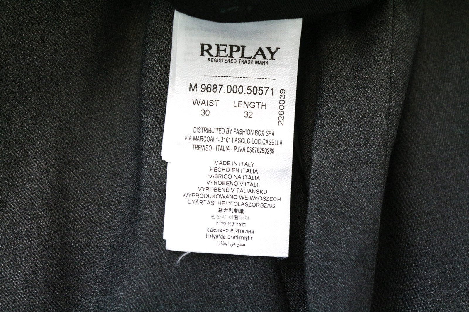 REPLAY Men's W30/L32 Grey Stretch Trousers Slim Flat-Front Formal