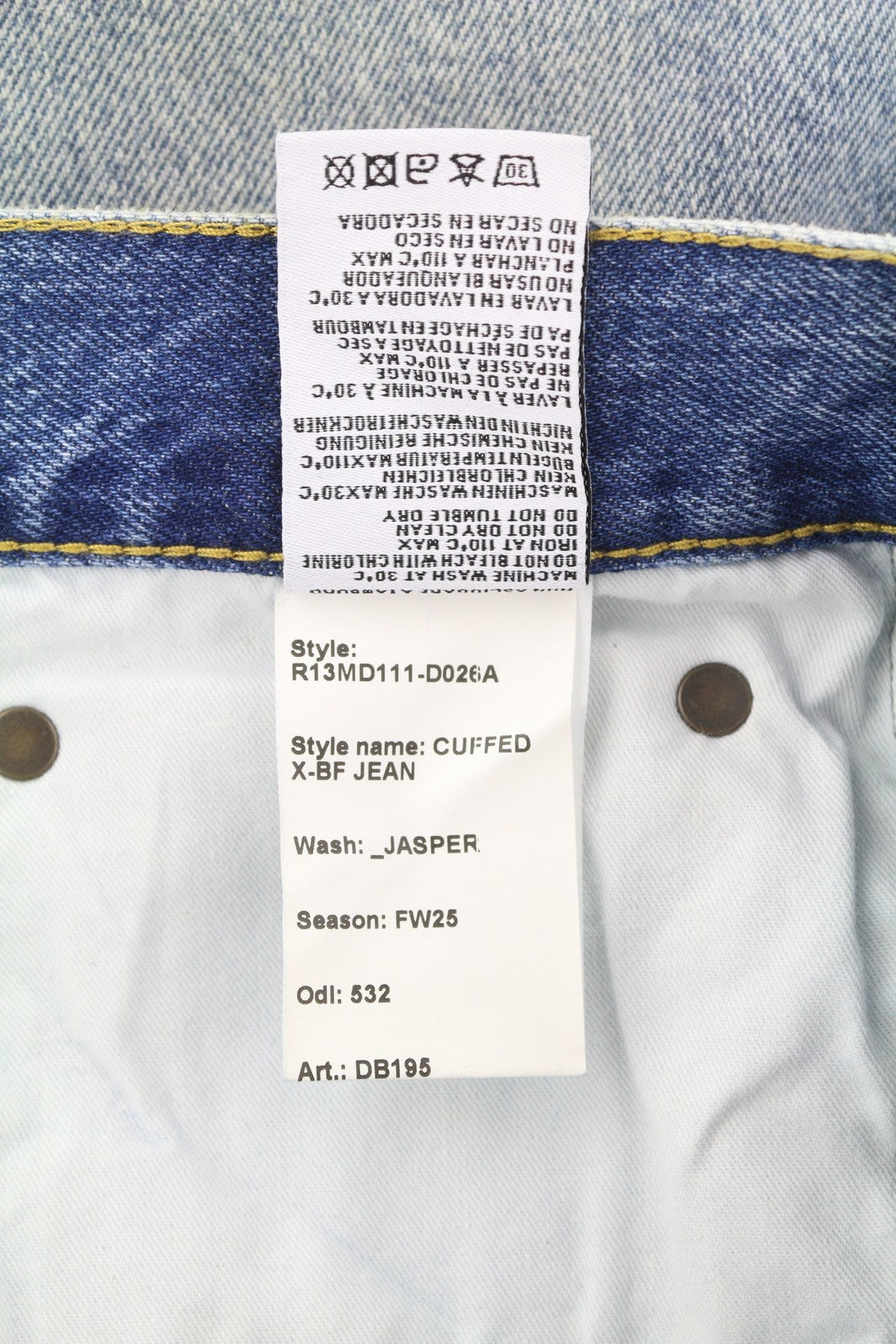 R13 Cuffed X-BF vyriški džinsai, 33 Jasper, iki kulkšnies, užtrauktuku, skalbti, blukinti, SS25, mėlyni 