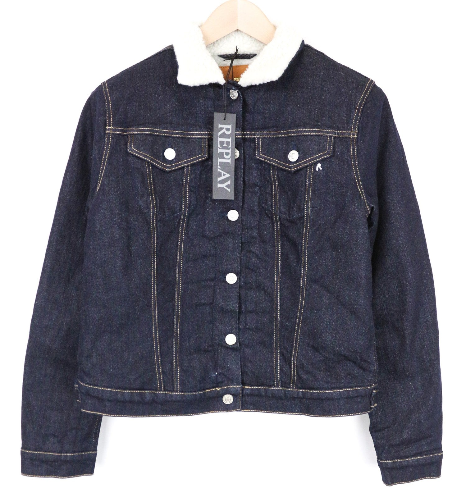 REPLAY moteriškas L dydžio mėlynas džinsinis švarkas, tamprus, trumpintas, vienaeilis. 