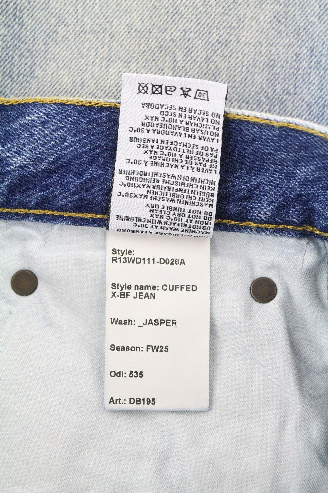 R13 Cuffed X-BF moteriški džinsai su rankogaliais 23 Jasper Ankle užtrauktuku, skalbti, blukinti, SS25 mėlyni 