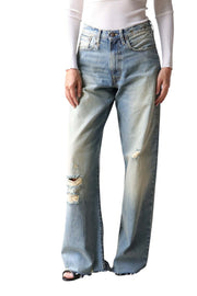 R13 D'Arcy laisvi moteriški džinsai, 32, mėlyni, su įplyšimais, išblukusi mėlyna spalva. 