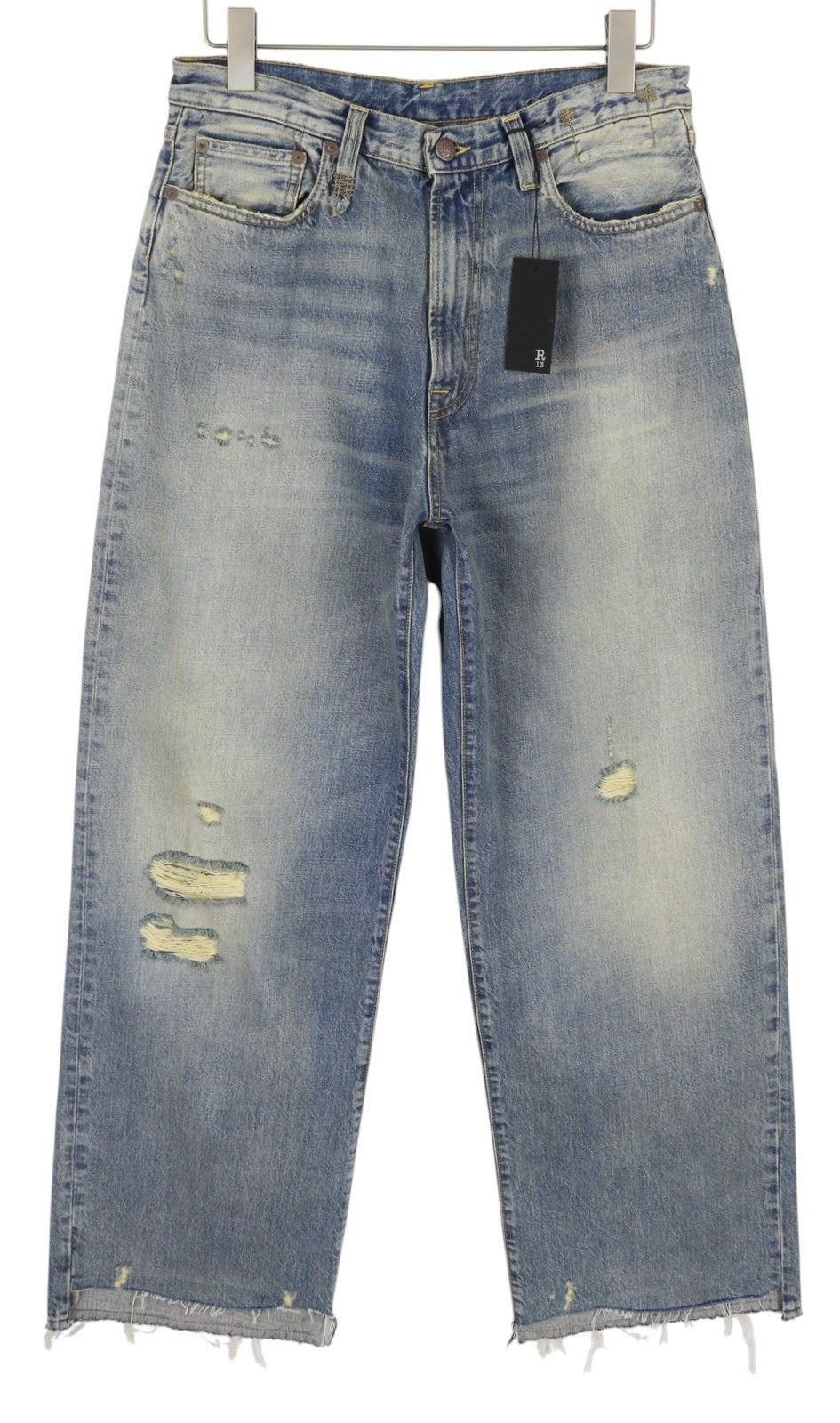 R13 D'Arcy laisvi moteriški džinsai, 32, mėlyni, su įplyšimais, išblukusi mėlyna spalva. 