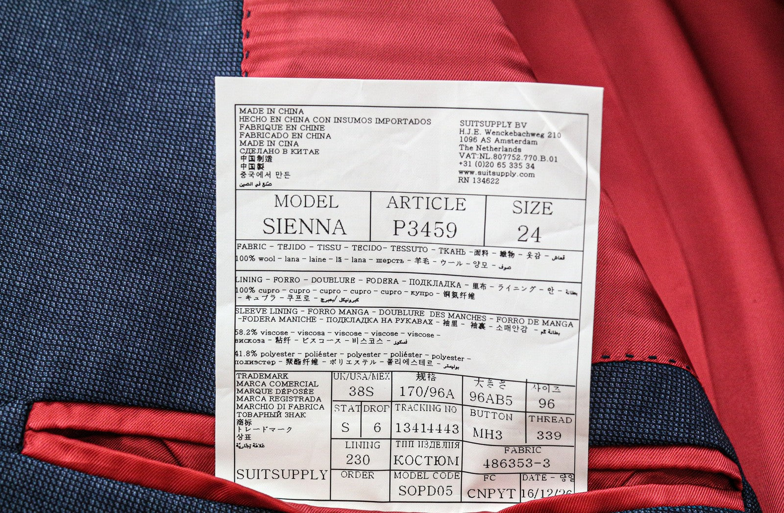 „SUITSUPPLY Sienna“ vyriškas mėlynas languotas vilnonis švarkas su UK38S raštu, klasikinio stiliaus, mėlynas 