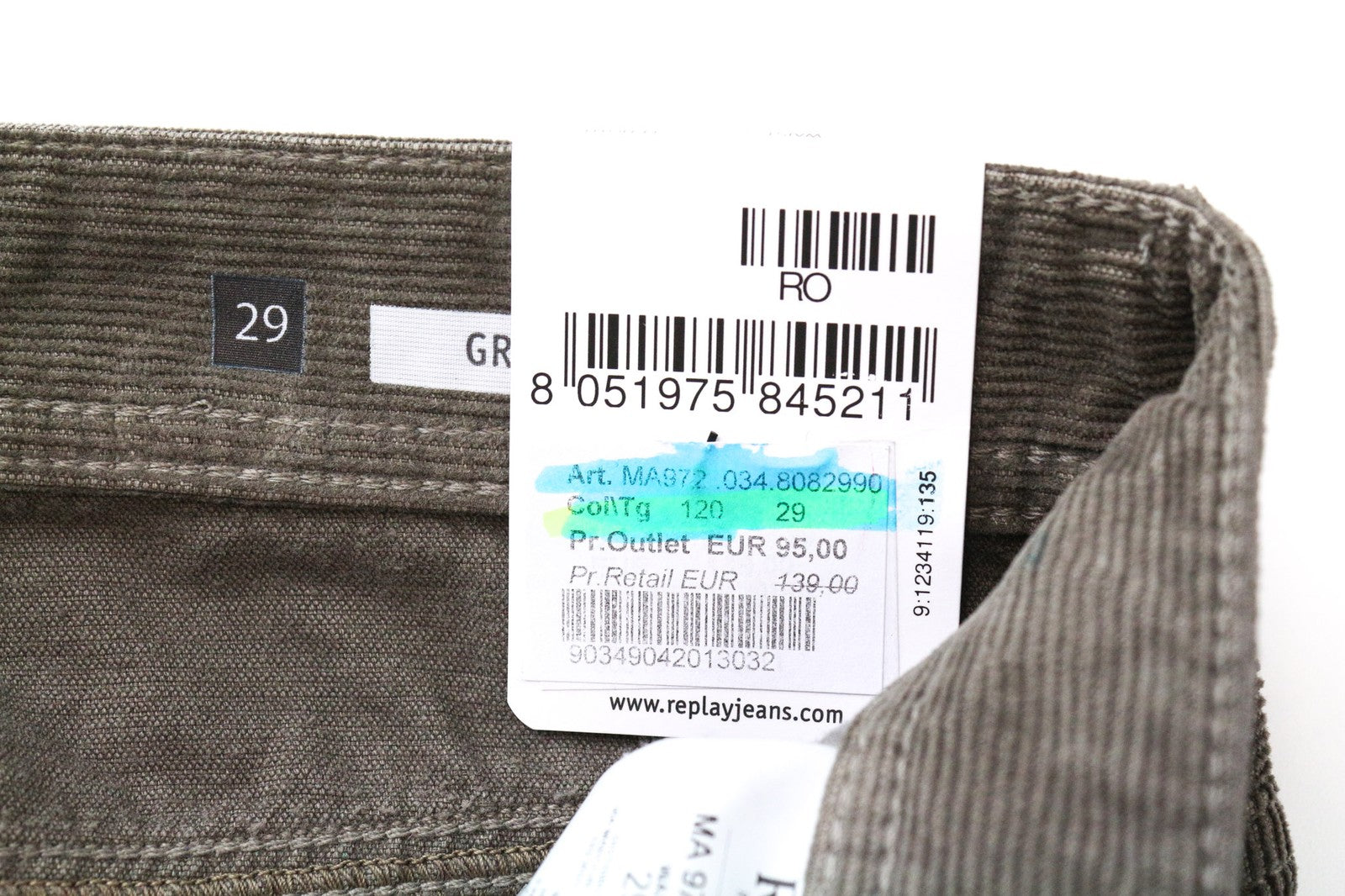 REPLAY Grover Men's W29/L34 Brown Corduroy Trousers Straight Cotton Stretch