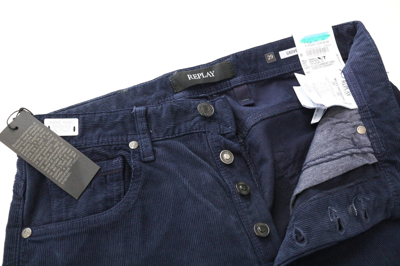 REPLAY Grover Men's W29/L34 Blue Corduroy Trousers Straight Cotton Stretch