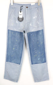 DENHAM Bonnie moteriškos kelnės W23/L28 mėlynos su lopais, dviejų spalvų, plačios tiesios klešnės 