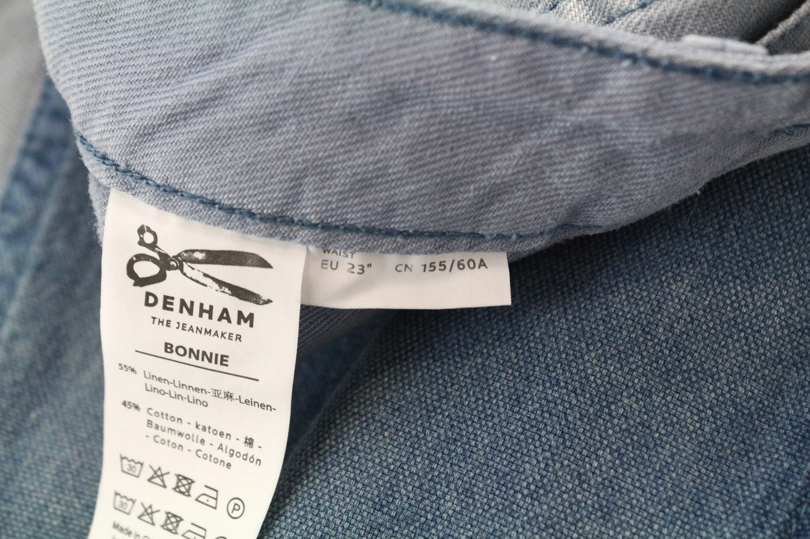 DENHAM Bonnie moteriškos kelnės W23/L28 mėlynos su lopais, dviejų spalvų, plačios tiesios klešnės 