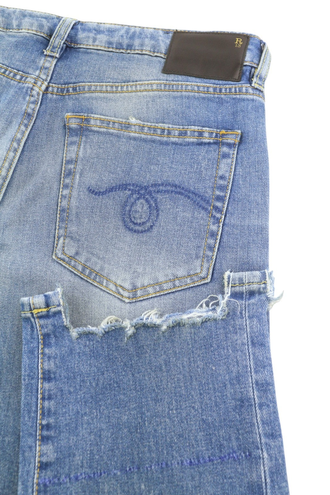 R13 Boy Straight W Rips Women Jeans 27 Jasper Stretch Washed Faded Distress