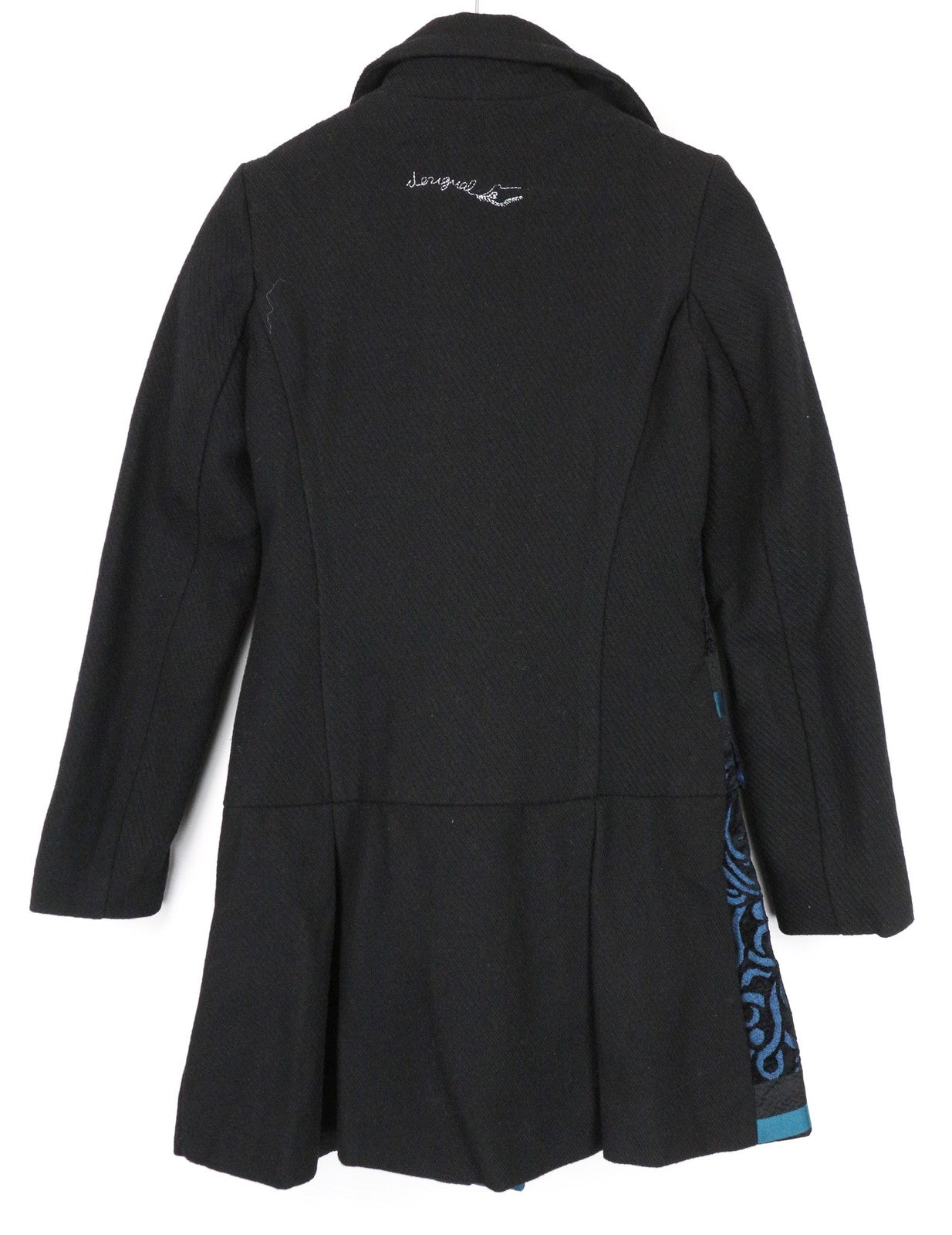 DESIGUAL Dreams moteriškas paltas ~38 juodas su pamušalu, raštuotas, klostuotas, vienos krūtinės 