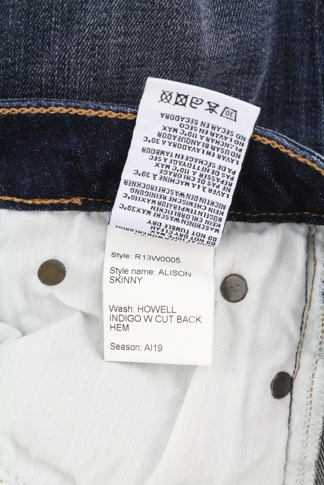 R13 Alison Skinny Women Jeans 27 Howell Indigo W Cut Black Hem Faded Distress