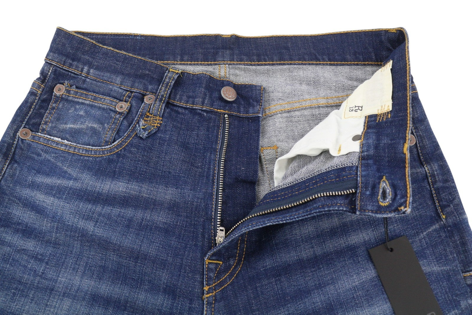 R13 Skate vyriški džinsai, 33 Howell Indigo, skalbti, išblukę, aptempti, su užtrauktuku ir logotipu. 