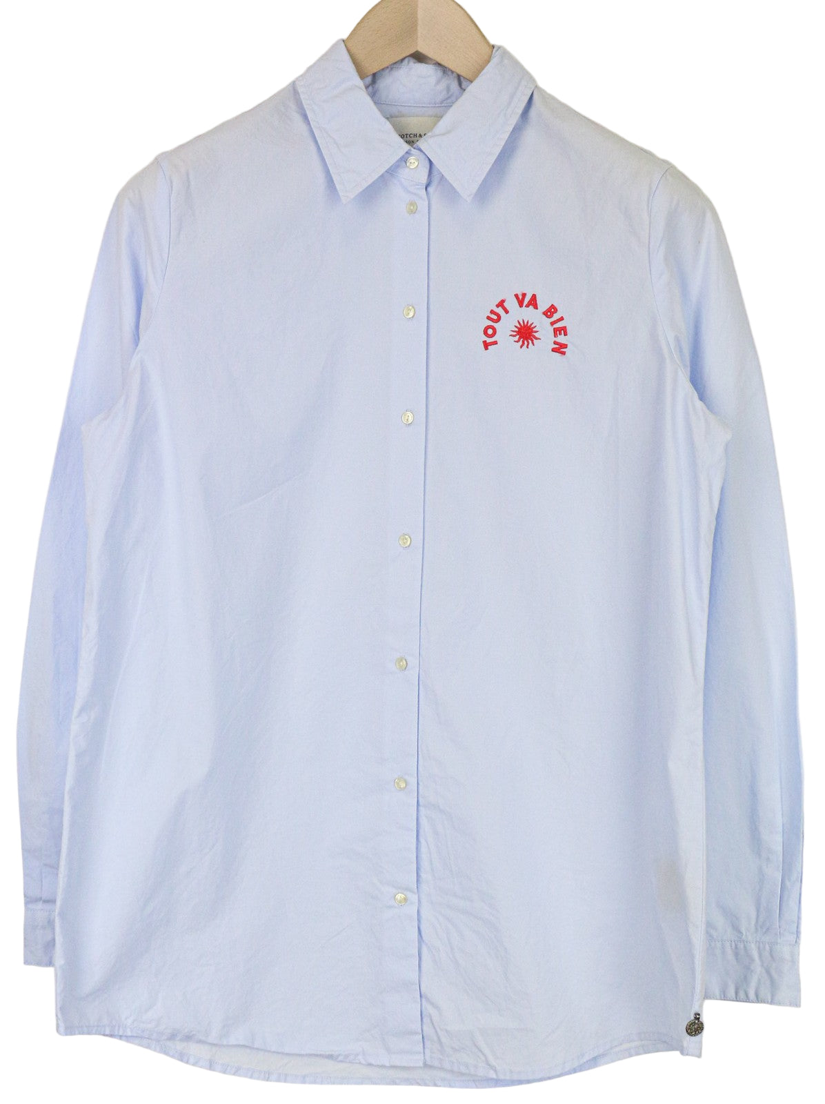 MAISON SCOTCH moteriški marškinėliai šviesiai mėlyni medvilniniai logotipai oficialios ilgomis rankovėmis M 