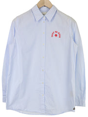 MAISON SCOTCH moteriški marškinėliai šviesiai mėlyni medvilniniai logotipai oficialios ilgomis rankovėmis M 